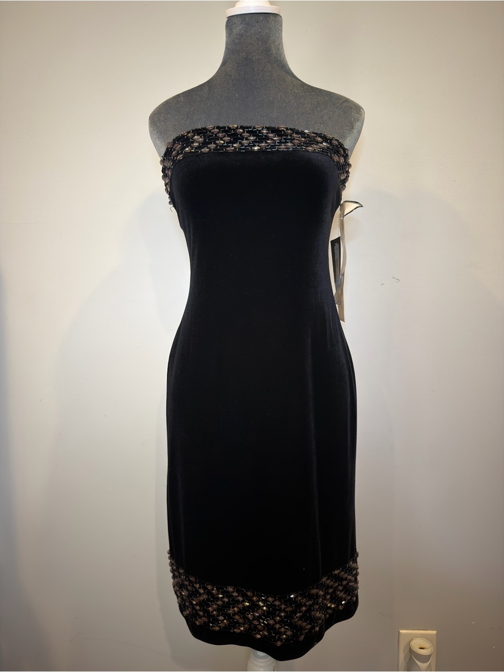 JS Boutique Black Strapless Velvet Dress with Beaded Trim Accents